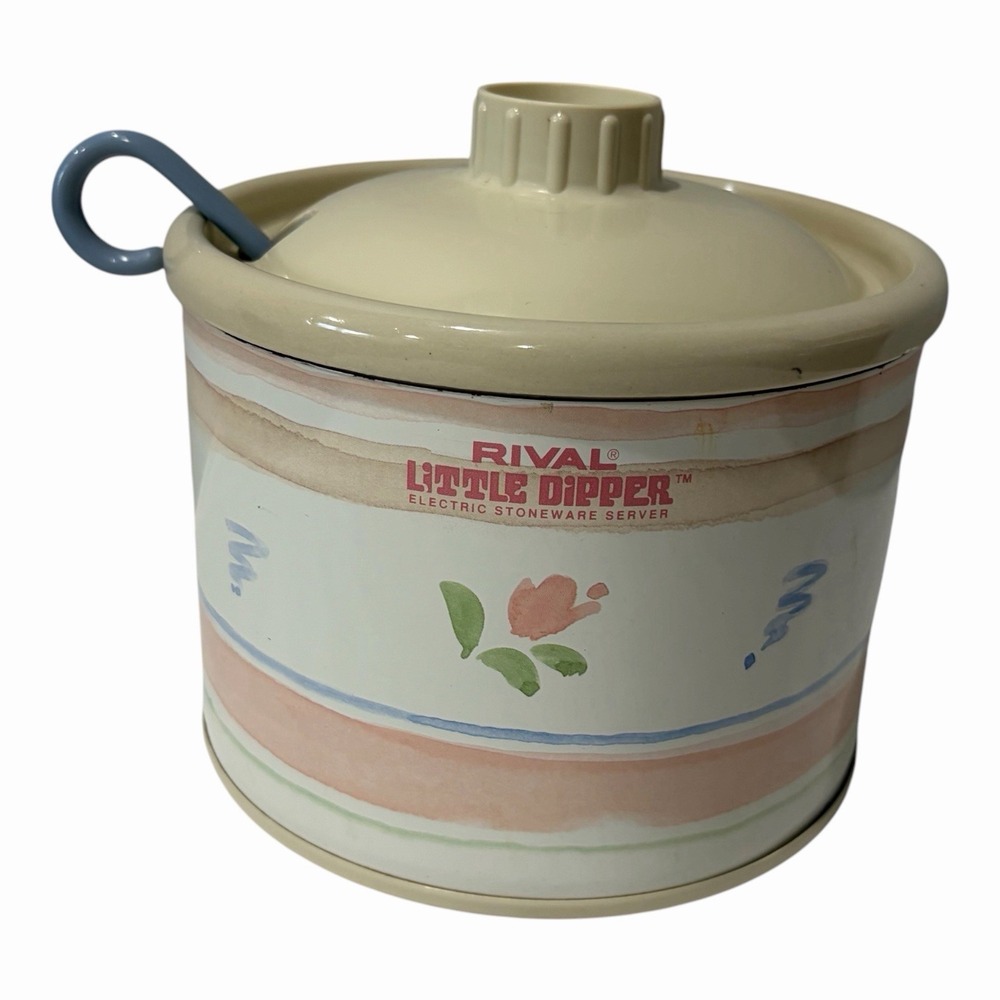 Rival Little Dipper Mini Crock‎ Pot Pink Beige Spoon Ladel Lid Grandma Core Vtg